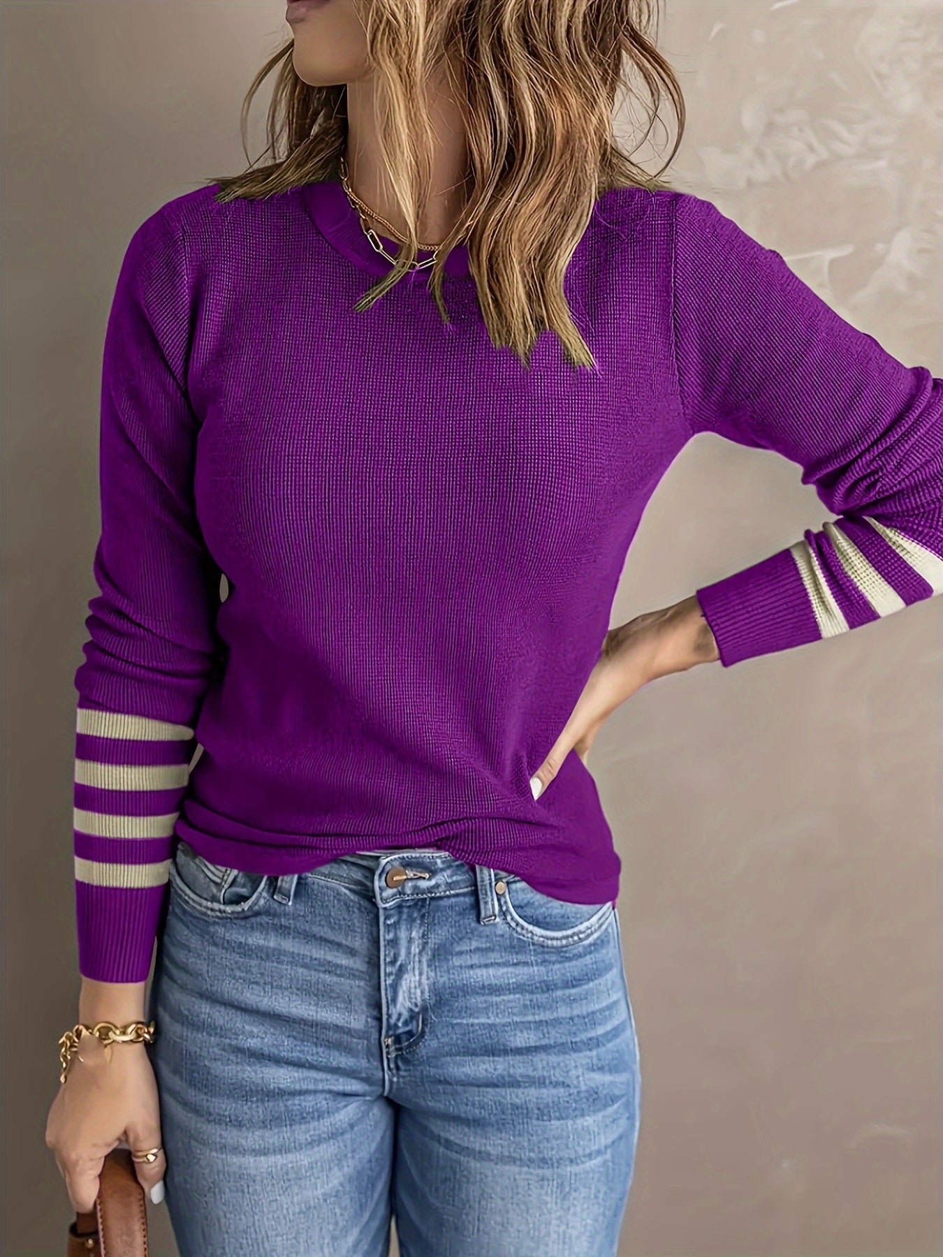 Stylish Color Block Crew Neck Sweater - Soft, Cozy, and Elegant Long Sleeve Winter Knitwear for Women - Perfect for Fall and Winter Fashion, Casual Daily Wear, and Outdoor Activities