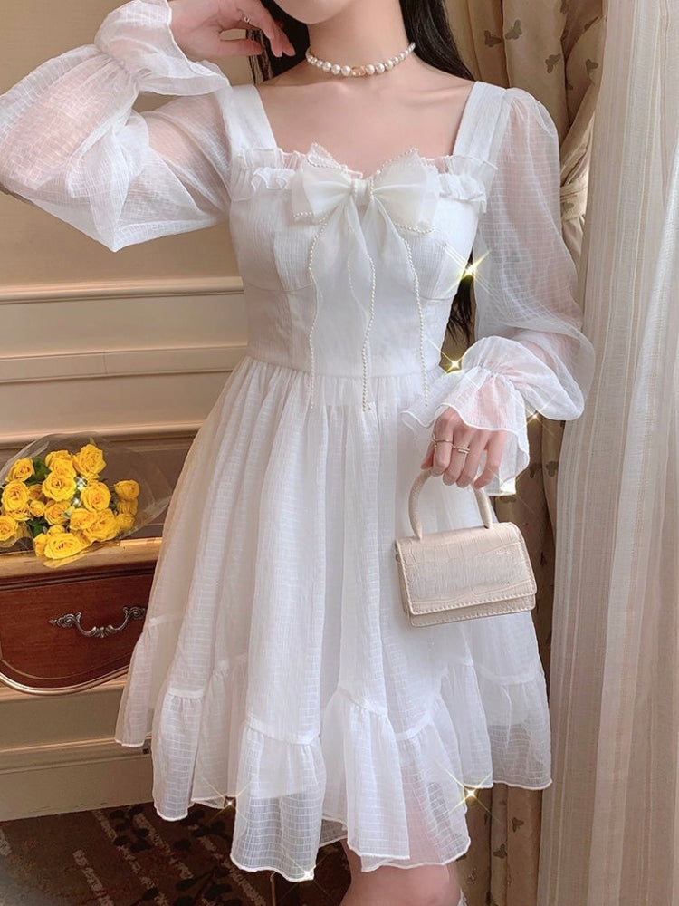 French Sweet Fairy Lolita Dress Women Long Sleeve Lace Y2k Mini Dress Vintage Kawaii Clothes One Piece Dress Korean Autumn spring