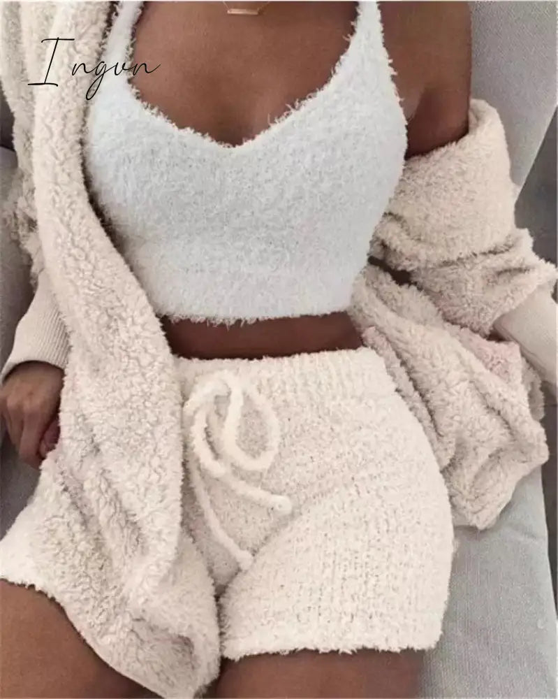 Ingvn - Brand quality Autumn Winter 3 Piece Fluffy Outfits Plush Sexy Backless Fleece Pyjamas Women Casual Sports Sweatshirt Home Wear Sets Tracksuit