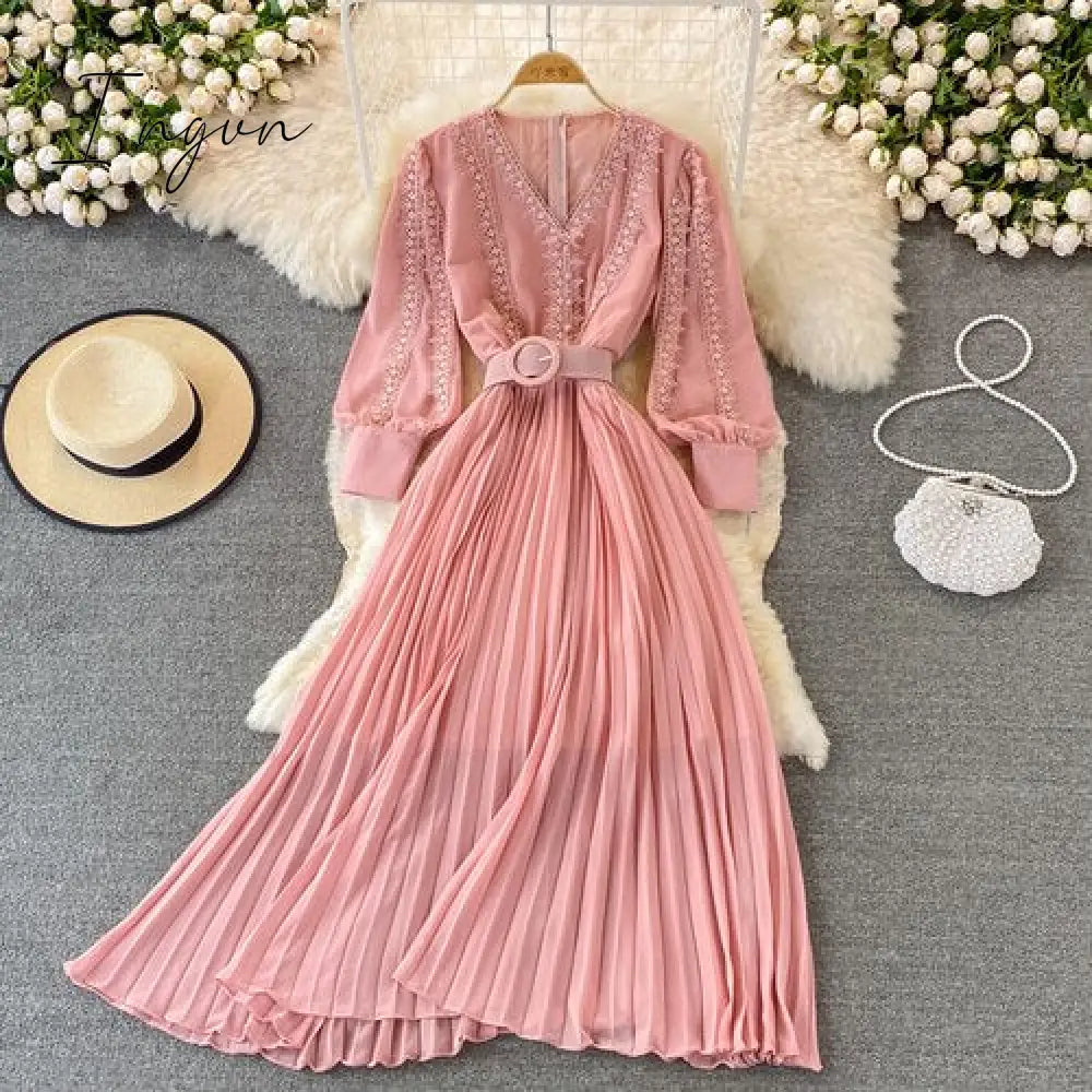 Ingvn - Red/Yellow/Black Embroidered Pleated Long Dress Vintage V-Neck Lantern Long Sleeve High Waist Draped Maxi Vestidos Female