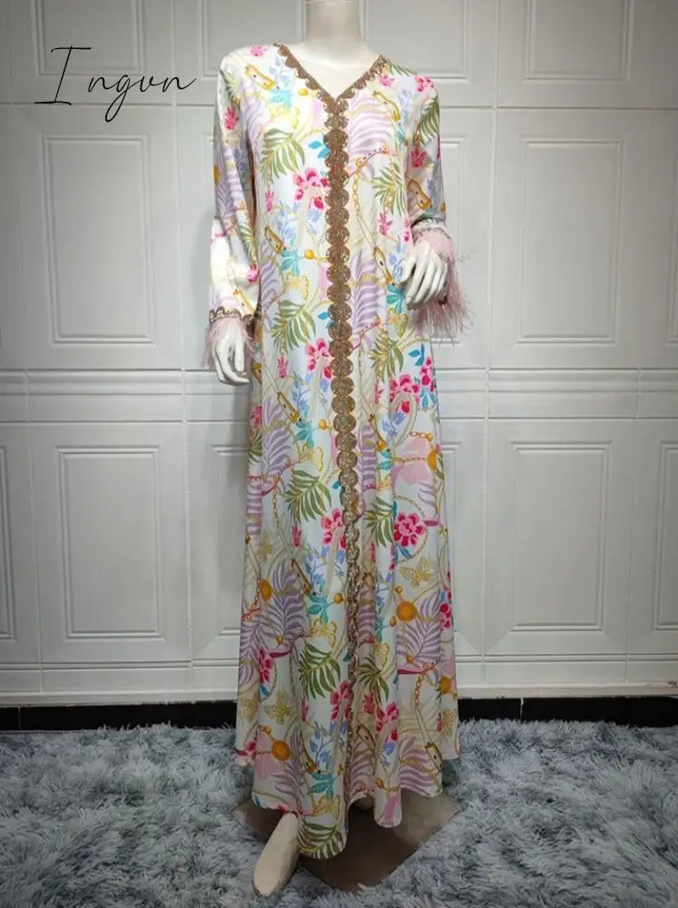 Ingvn - Muslim Woman Dress Moroccan Jalabiya Dubai Rhinestones Beaded V Neck Long Sleeve Feather Patchwork Print Gulf Abayas