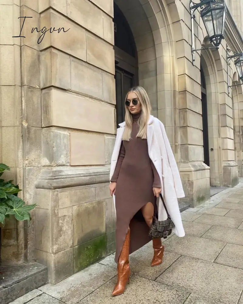 Ingvn - Dress Women Long Sleeves High-Neck Elastic Midi Dress Fashion Elegant Chic Lady Knit Sweater Dresses Women robe femme