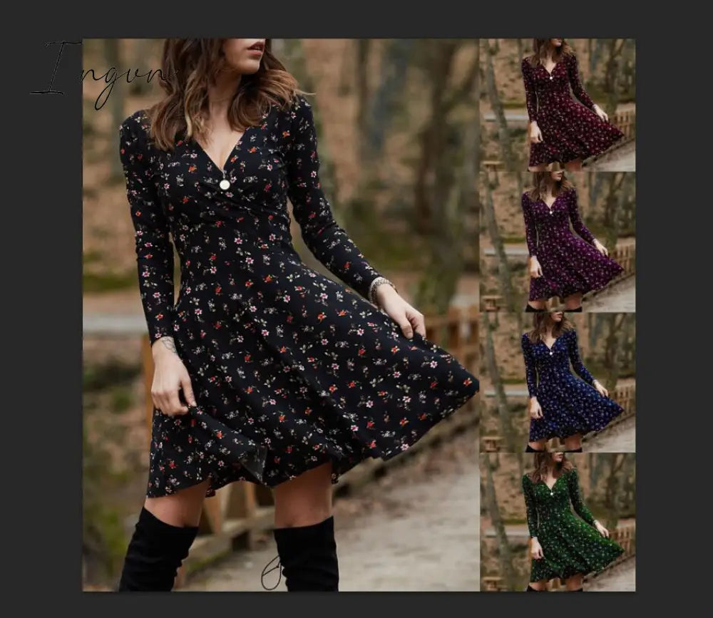 Ingvn - Spring Summer Long Sleeve V Neck Flowers Print Boho Dress Women Elegant Vintage Floral Printed Casual  Green A-line Swing Dress