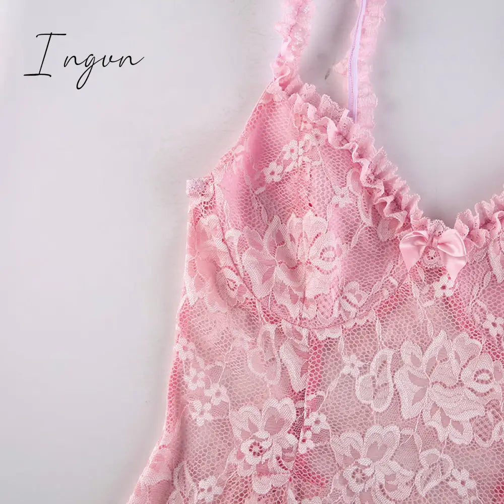 Ingvn - Sweet Cute Lace Cami Dress See Through Sexy Slim Sleeveless Ruffles Bow A-Line Mini Dresses For Women Summer Spring Lady