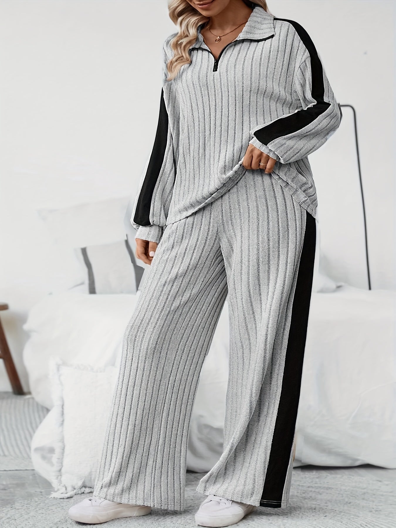 Stylish Plus Size Co-ords - Ribbed Half Zip Long Sleeve Sweatshirt and Wide Leg Pants Outfits for Women - Casual, Comfortable, and Chic Clothing Set for Curvy Figures