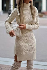Ingvn - Elegant Solid Slit Weave Turtleneck Long Sleeve Dresses
