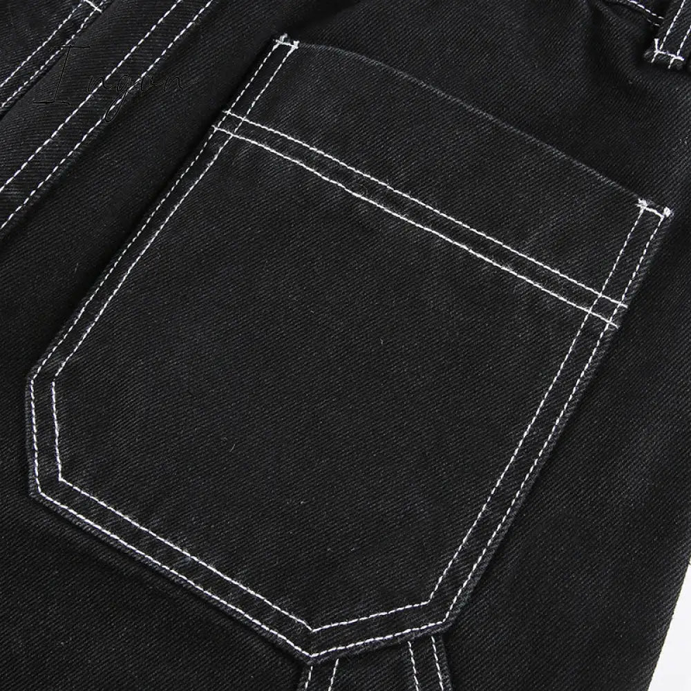 Ingvn - Womens Fashion Trends Pockets Patchwork Baggy Jeans Fashion Streetwear 100% Cotton Women Denim Trouser Loose Cargo Pants Korean Jeans Harajuku