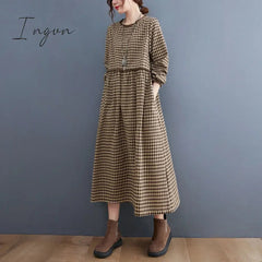 Ingvn - 2023 New Fashion Plaid Patchwork Lace Long Sleeve Autumn Dress Cotton Linen Office Lady Work Dress Women Casual Spring Dress