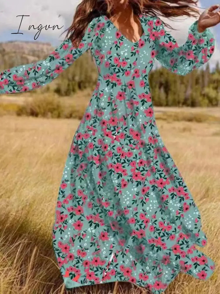 Ingvn - V Neck Long Sleeve Patchwork Solid Color Dress