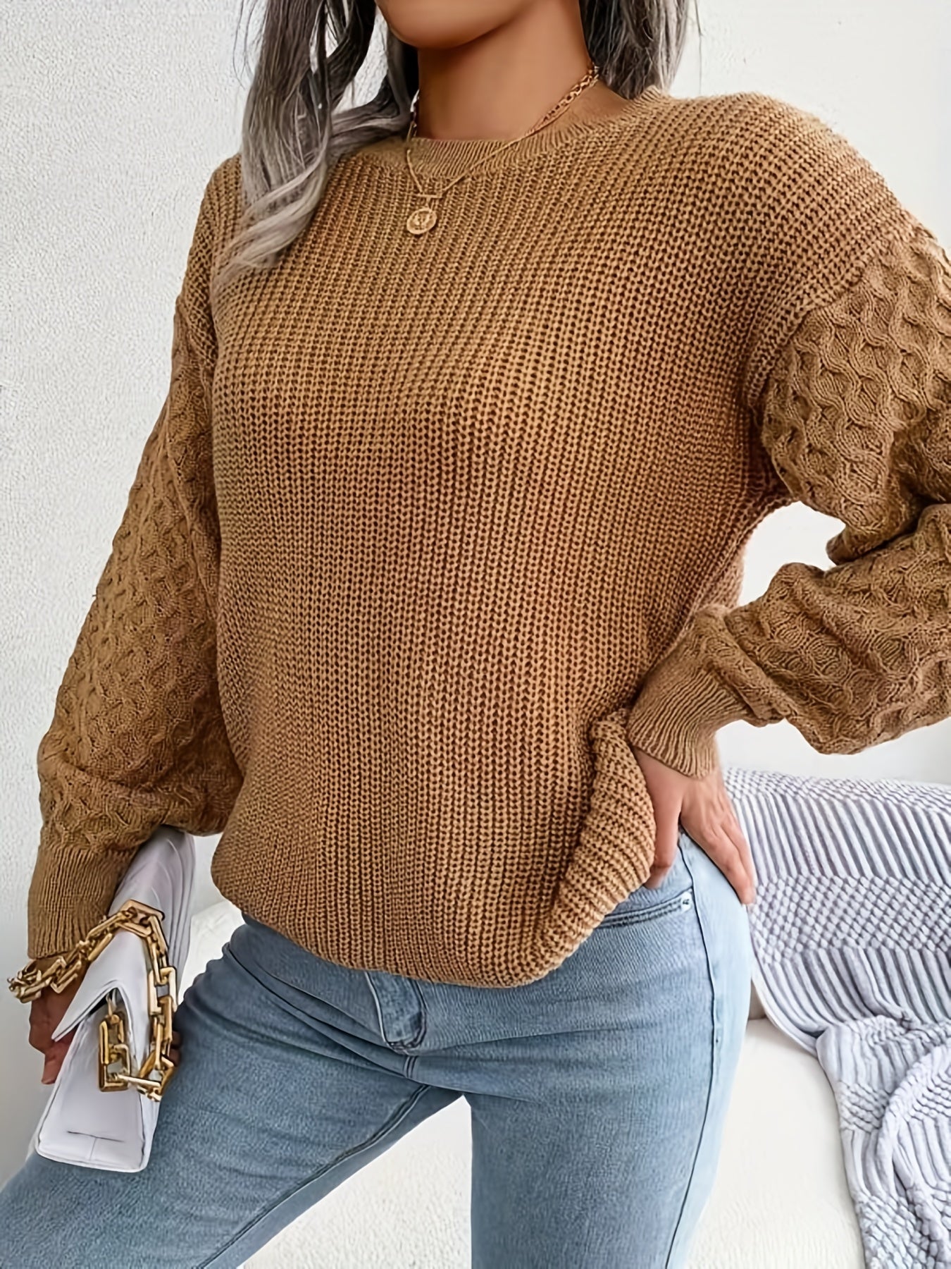 Solid Crew Neck Pullover Sweater, Casual Lantern Sleeve Loose Sweater For Fall & Winter, Women's Clothing