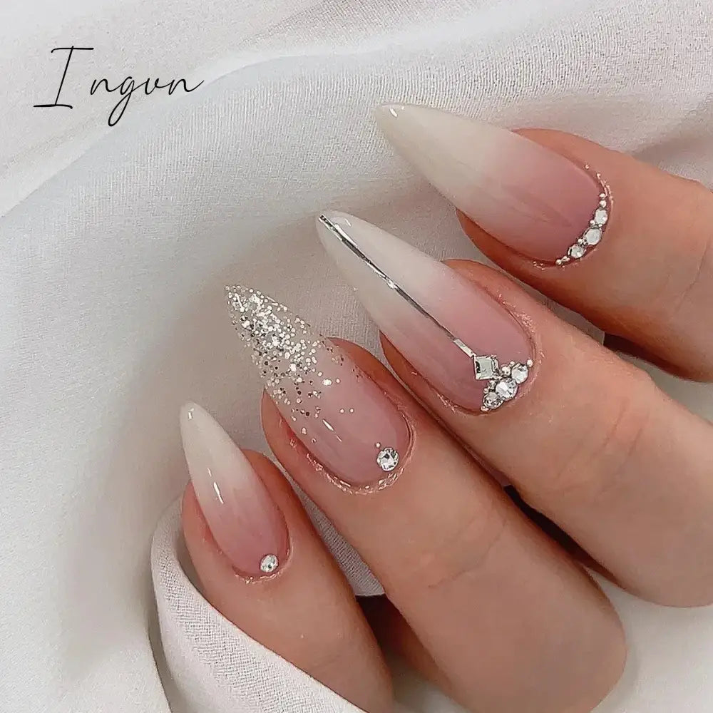 24Pcs 3D Long Almond False Nails Red Nude Ballet Stiletto Wearable Fake Nails MilkTea Color Jelly Full Cover Press On Nail Tips