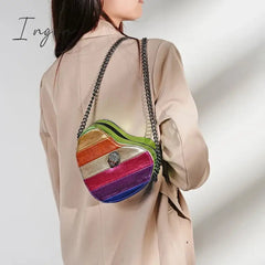 Ingvn - Women Simple Handbag Colorful Heart Shaped Bag 2024 Ladies Metal Shoulder Strap Crossbody Bag Eagle Pattern Design Rainbow Bag
