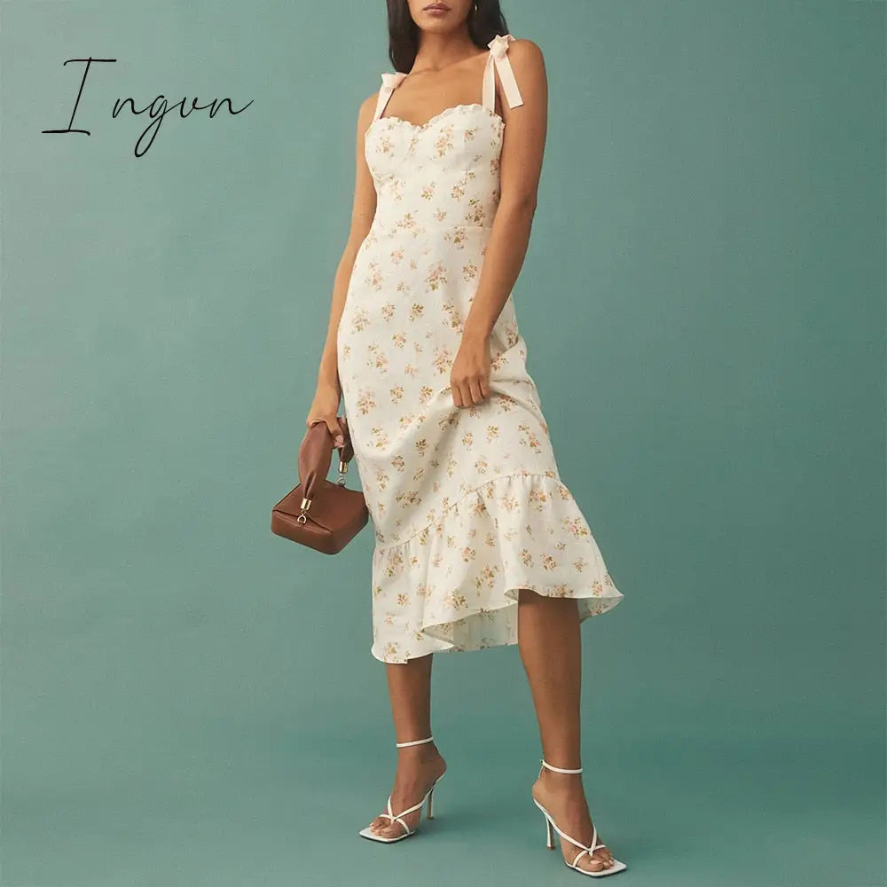 Ingvn - Dresses For Women Elegant Vintage Floral Dress Frill Sweetheart Neck Sleeveless Strap Tie Ruffle Hem Summer Beach Dress