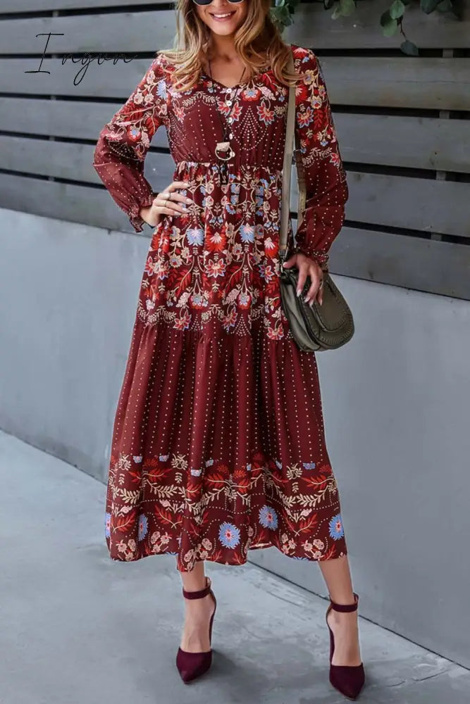 Ingvn - Floral Print Decorative Buttons V-Neck Flounce Sleeve Midi Dress