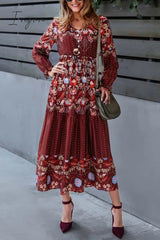 Ingvn - Floral Print Decorative Buttons V-Neck Flounce Sleeve Midi Dress
