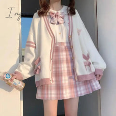 Ingvn - Spring Japanese Kawaii Fashion Pink Cardigan Women Harajuku Knitted Sweater Cute Bow Heart Korean College Style JK Uniform Coat