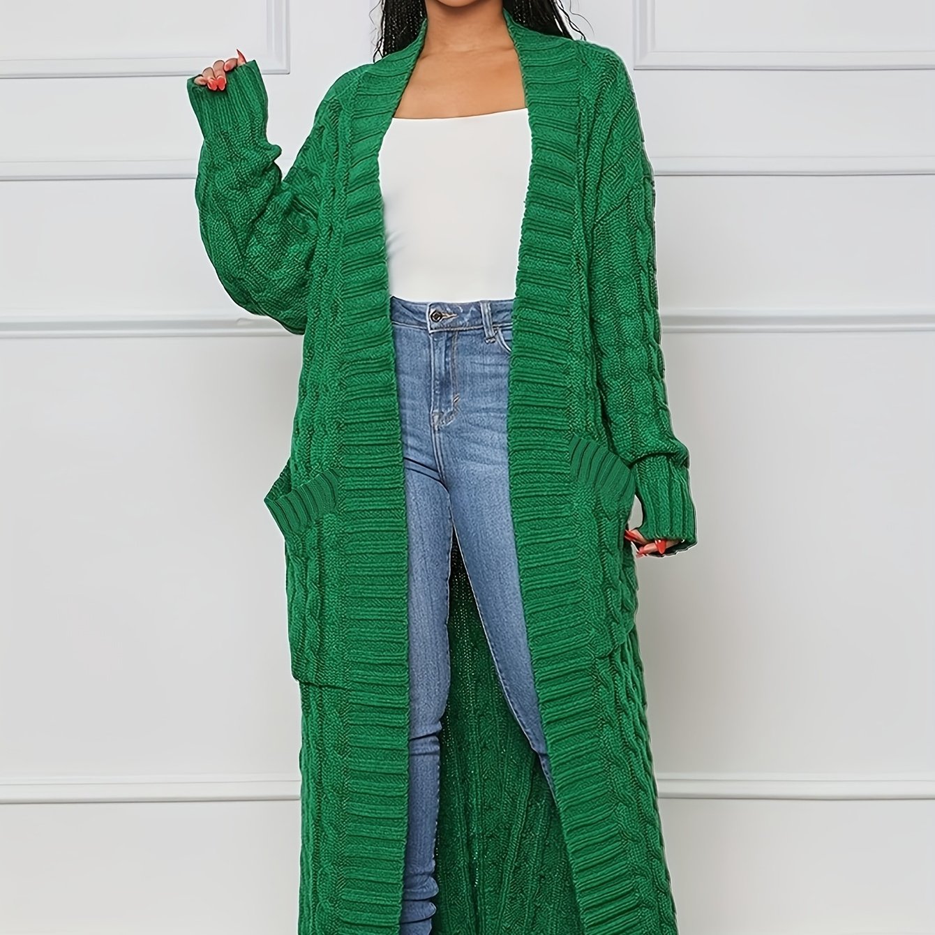 Long Length Cable Knit Cardigan, Elegant Solid Long Sleeve Sweater With Pockets, Women's Clothing