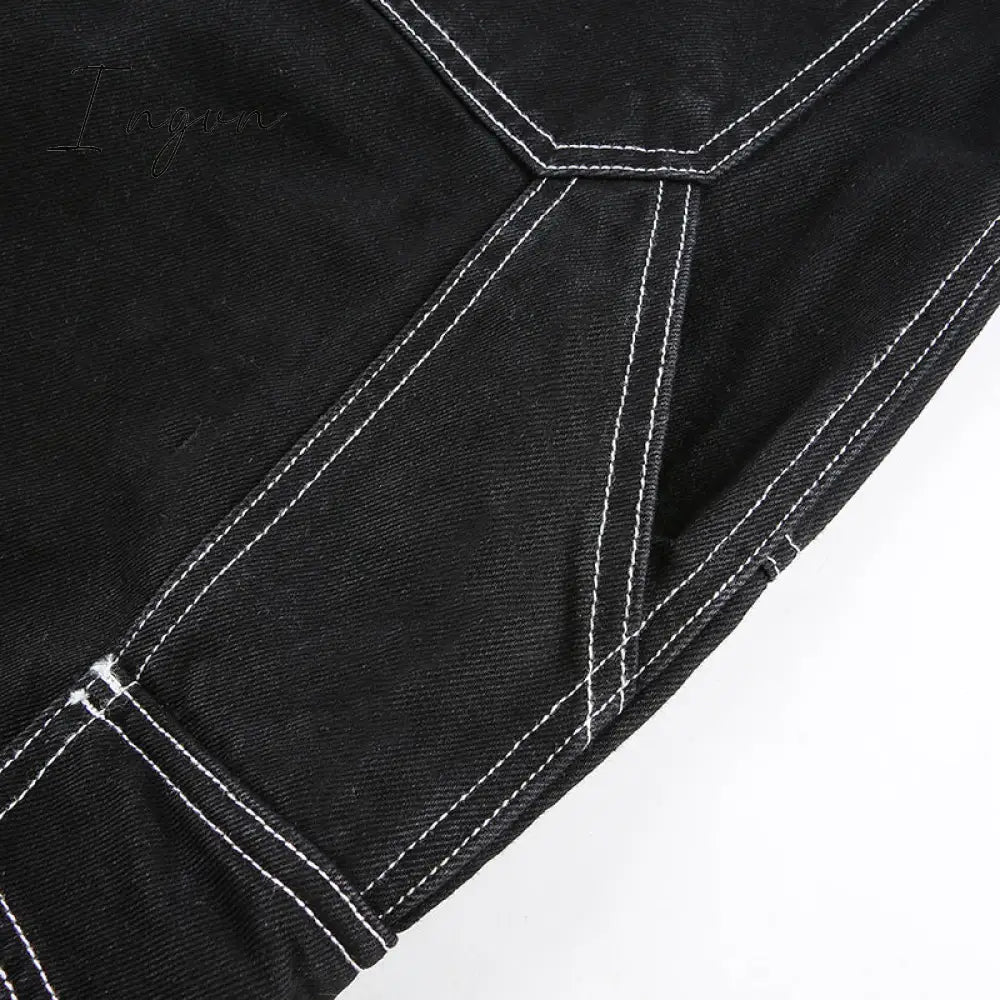Ingvn - Womens Fashion Trends Pockets Patchwork Baggy Jeans Fashion Streetwear 100% Cotton Women Denim Trouser Loose Cargo Pants Korean Jeans Harajuku