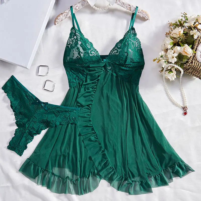 Y2K Summer new lace up Halter backless dress European and American sexy hollow pleated Hip Wrap SkirtThin Style G-string Contrast Lace Ruffle Trim Lingerie Set Deep V Slip Dress Thong Women's Sexy Lingerie Lencería Muj