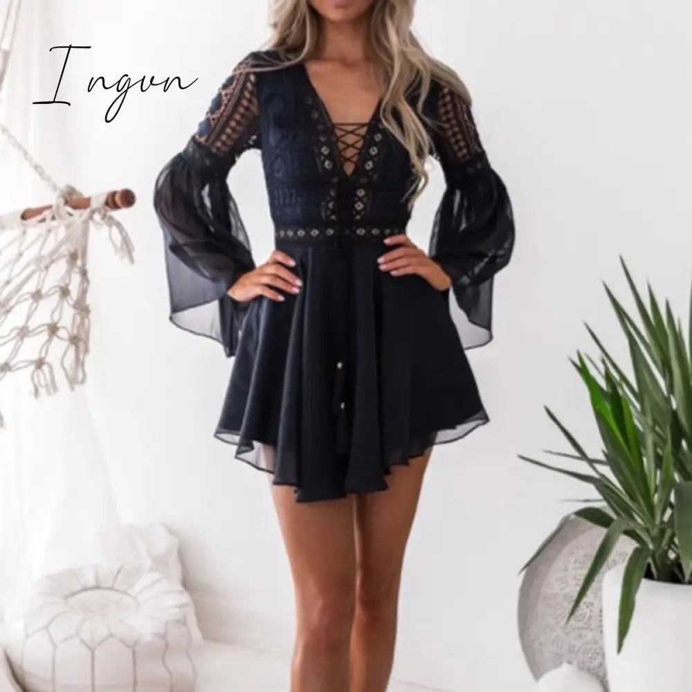 Ingvn - Sexy Crochet Lace V-Neck Mini Dress Summer Flare Sleeve Chiffon Beach Sundress Elegant Women Dress Party Sexi