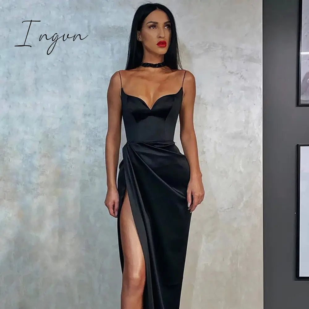 Ingvn - Summer Dresses For Women Sexy Black Satin Spaghetti Straps Low Cut Long Dress Women Summer Ruched Side High Split Maxi Dress Elegant Party Club