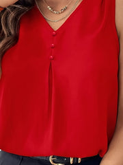 Solid V-neck Button Decor Top, Elegant Sleeveless Top For Summer, Women's Clothing