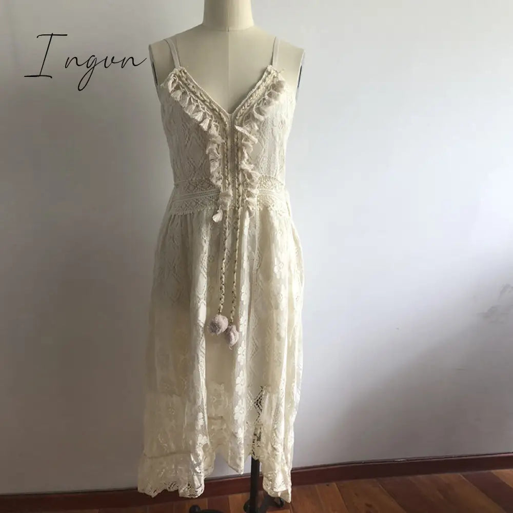 Ingvn - Women Fashion Trends Off Shoulder Lace Patchwork Elegant Dress Women Summer V Neck Spaghetti Strap Dress Female New Fashion Solid Party Dresses