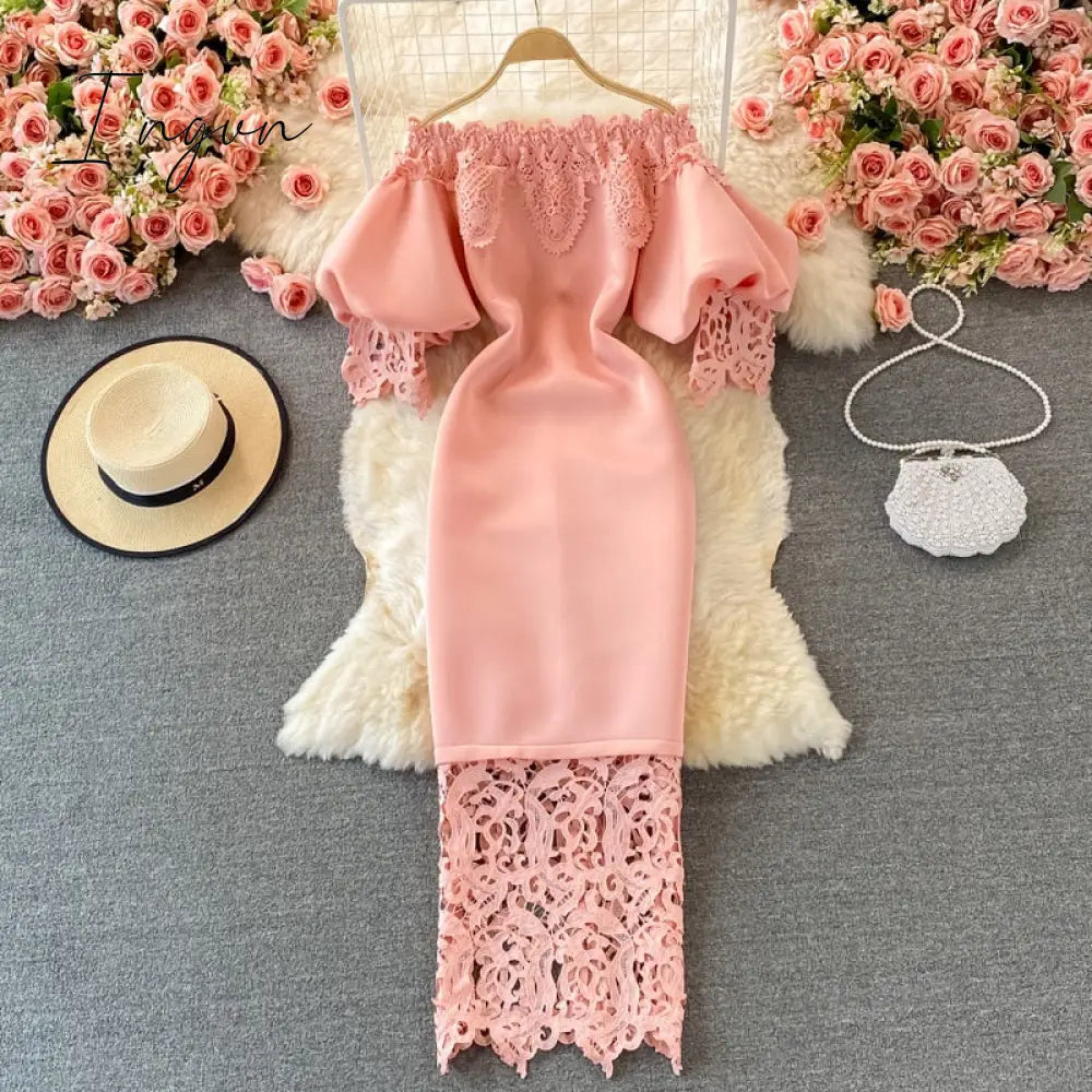 Ingvn - Sexy Hollow Out Lace Bodycon Long Dress Women Elegant Red/Pink/White Off Shoulder Patchwork Maxi Party Vestidos Autumn New