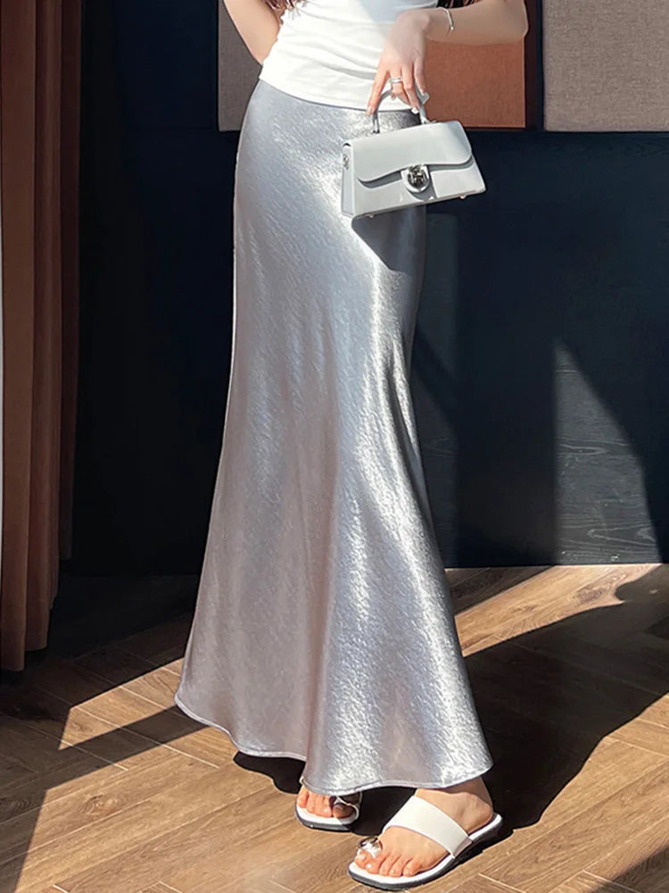 Chic Satin Elegant Long Skirt Women Casual Fashion High Waist Sweet Trumpet Skirts Slim Summer Female Korean Long Skirts