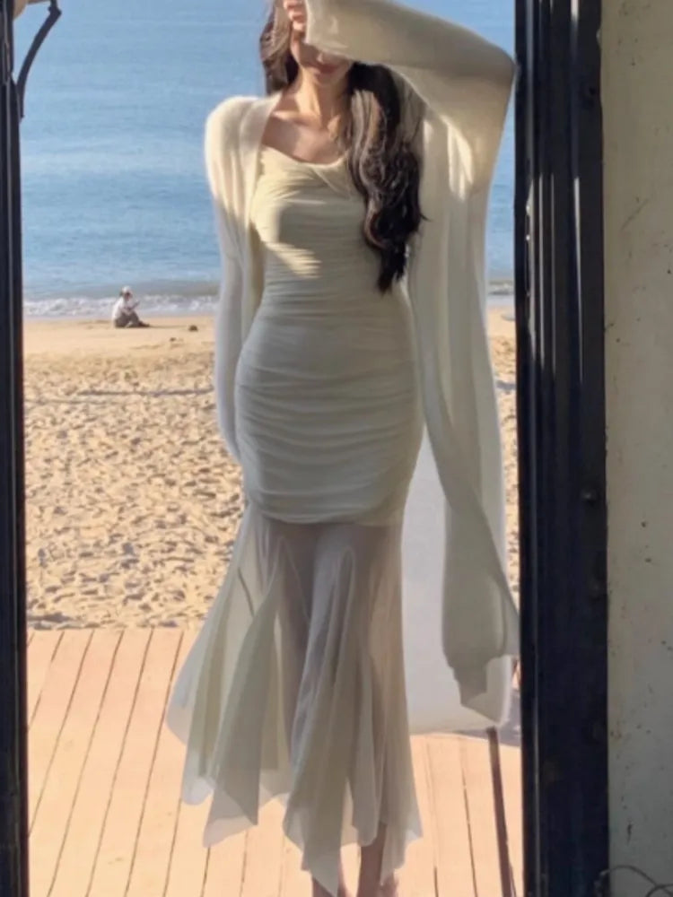 Elegant Mesh Long Sleeve Midi Dresses for Women Autumn Fashion Vintage Slim Party Sexy Evening Vestidos Female Clothes Robe