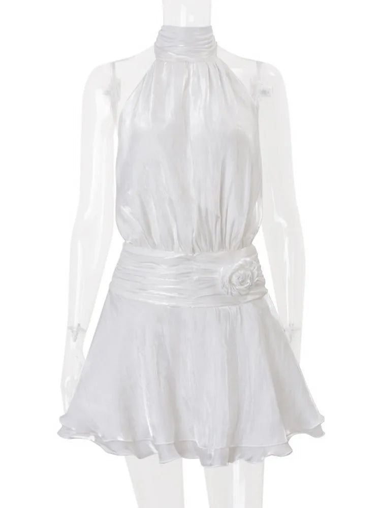 Chiffon Flower Backless Sexy Mini Dress Women White Halter Sleeveless A-line Ruffle Club Party Dress Elegant Fashion