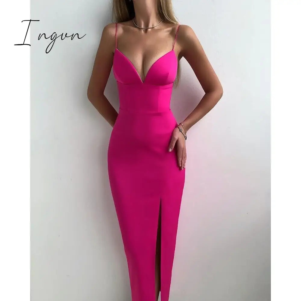 Ingvn - RO New Summer Women White Bodycon Bandage Sexy V Neck Spaghetti Strap Club Celebrity Evening Runway Party Long Dresses For Women