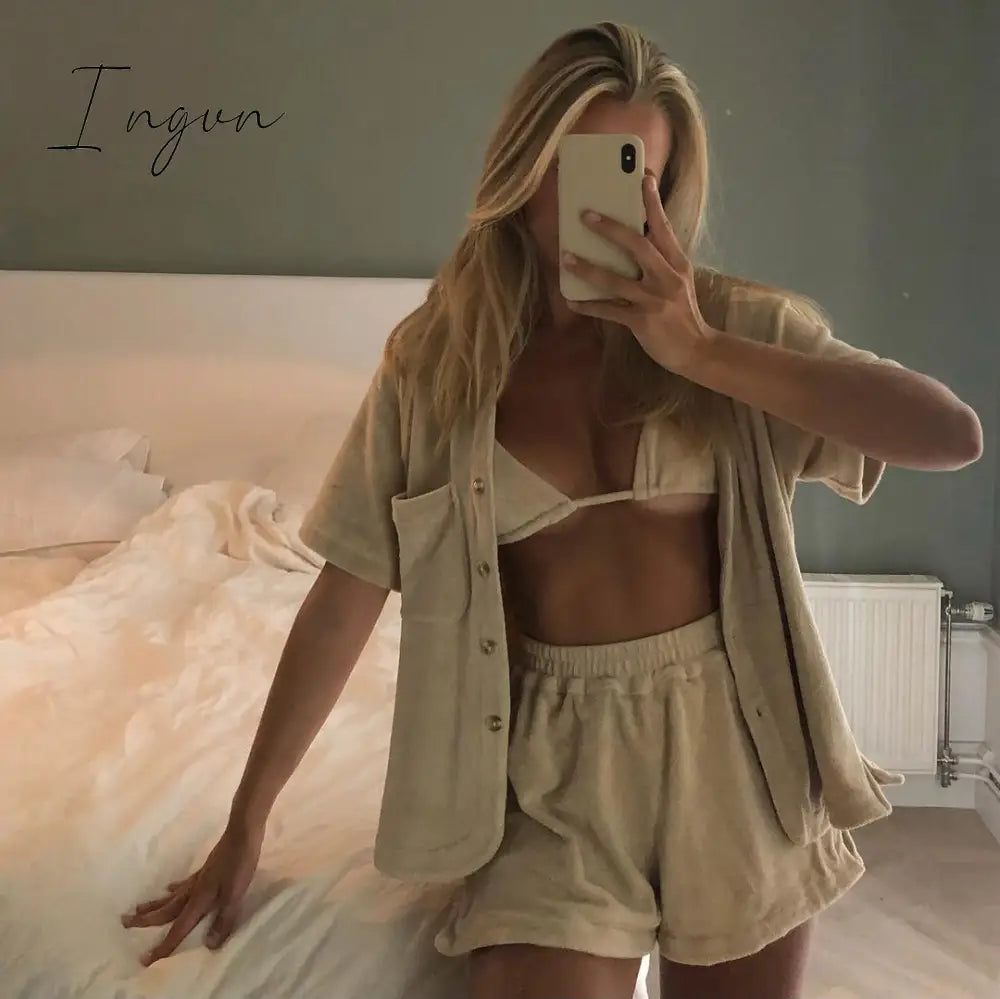Ingvn - Velvet Beach Two Piece Set Women Tracksuit Loungewear Casual Cardigan Top Summer Outfits Workout Woman Shorts Sets
