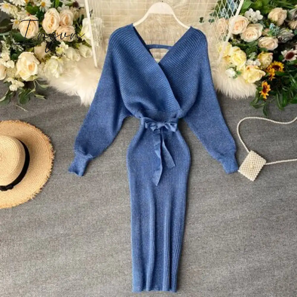Ingvn - Sparkling Sexy Party Dress Woman Sweater Elegant Slim V-Neck Basic Knitted Green Vintage Dresses Female Autumn Winter Bat Sleeve