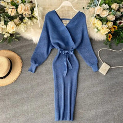 Ingvn - Sparkling Sexy Party Dress Woman Sweater Elegant Slim V-Neck Basic Knitted Green Vintage Dresses Female Autumn Winter Bat Sleeve