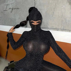 Ingvn - Women Autumn Winter Long Sleeve Backless Bodycon Soild Color Black Jumpsuit Romper Playsuit Fall Clothes Streetwear