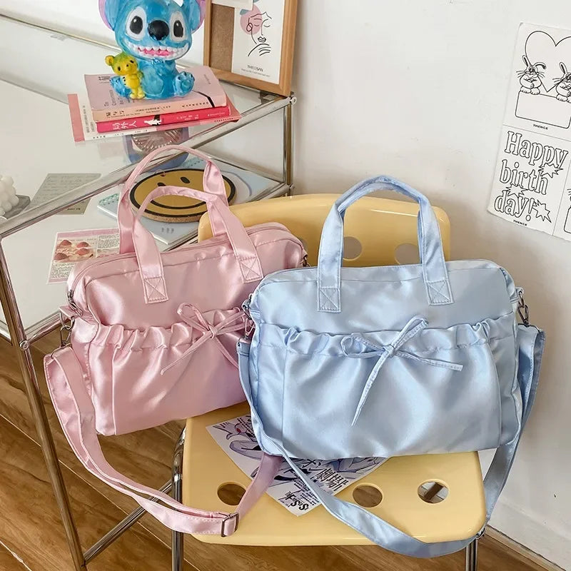 Ingvn  Cute Elegant Womens Shoulder Bag Pink Pleated Bow College Style Tote Bag Aesthetic Literary Casual Daily New Ladies Handbag
