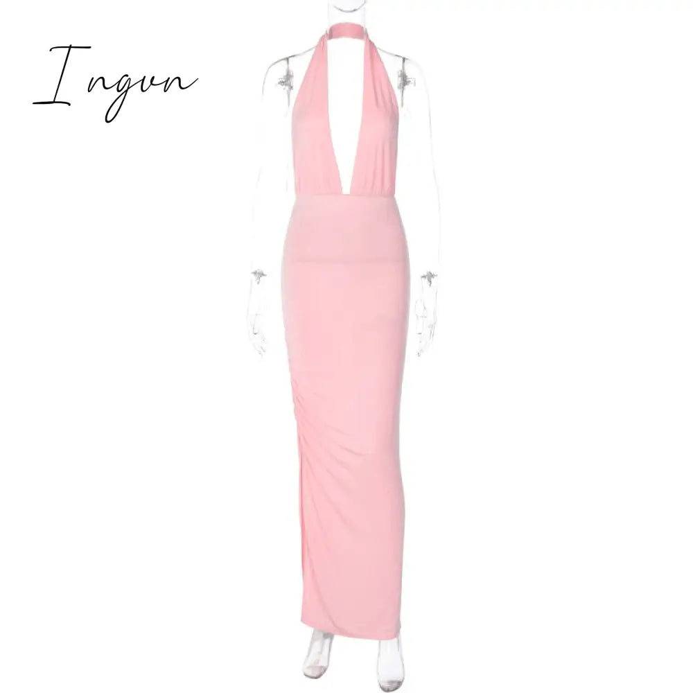 Ingvn - Elegant Deep V Neck Sexy Maxi Dress Women Pink Halter Sleeveless Backless Bodycon Split Party Club Long Dress Vestidos