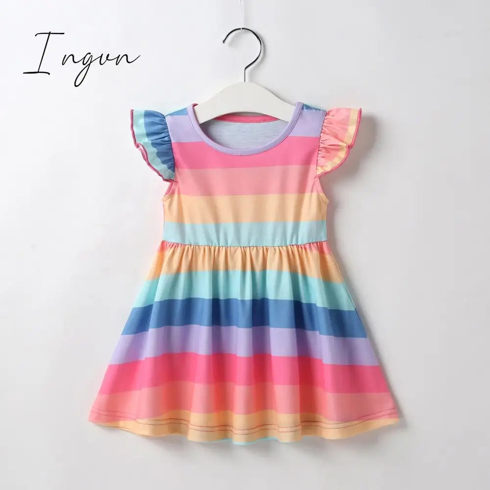 Ingvn - New Summer Baby Girls Tutu Dress Children Party Little Girl Kids Clothes Flying Sleeve Princess Rainbow Patchwork Outfits Dress