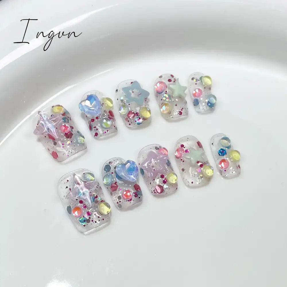 10Pcs Pink Cute Handmade Press on Nails Full Cover Bear Rhinestone Summer French Short False Nails Wearable Manicure Nail Tips