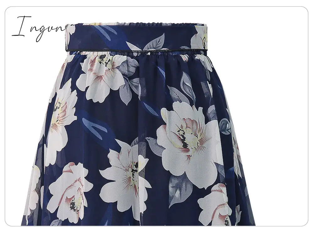 Ingvn - New Plus Size Women Chiffon Skirt Europe Fashion Bow Saia Midi Lining Jupe Femme Lace Up Falda Mujer Summer Print Floral Skirts