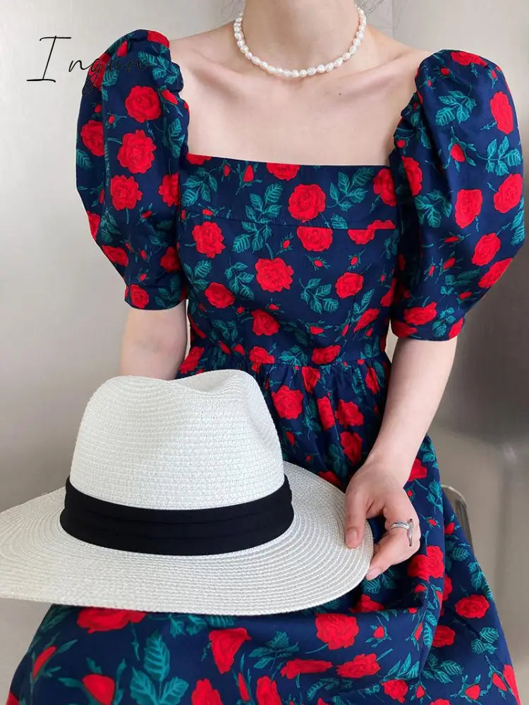 Ingvn - 2023 Trends Dress Rose Print Square Neck Long Dress Summer Mid Length Sweet elegant casual