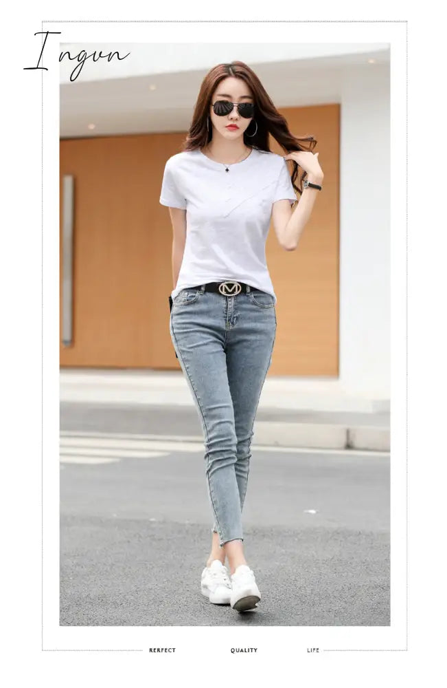 Ingvn - Short Sleeve Summer Women Ribbed Cotton Tee-Shirts Female Button Loose Casual Fashion T-shirts Blue O-Neck Korea Tops S-3XL