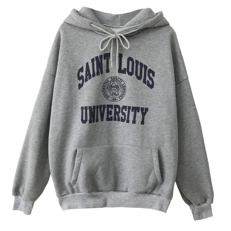 Letter Print Sweatshirt Vintage Women Hoodies Gray Cotton Warm Fleece Winter Pullovers  Autumn New Casual Streetwear Girls