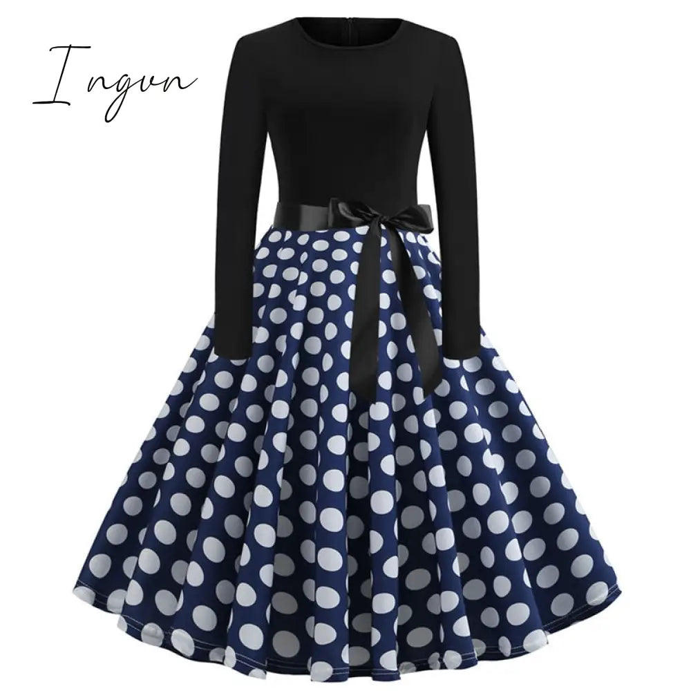 Ingvn - Winter Christmas Dresses Women 50S 60S Vintage Robe Swing Pinup Elegant Party Dress Long Sleeve Casual Plus Size Print Black