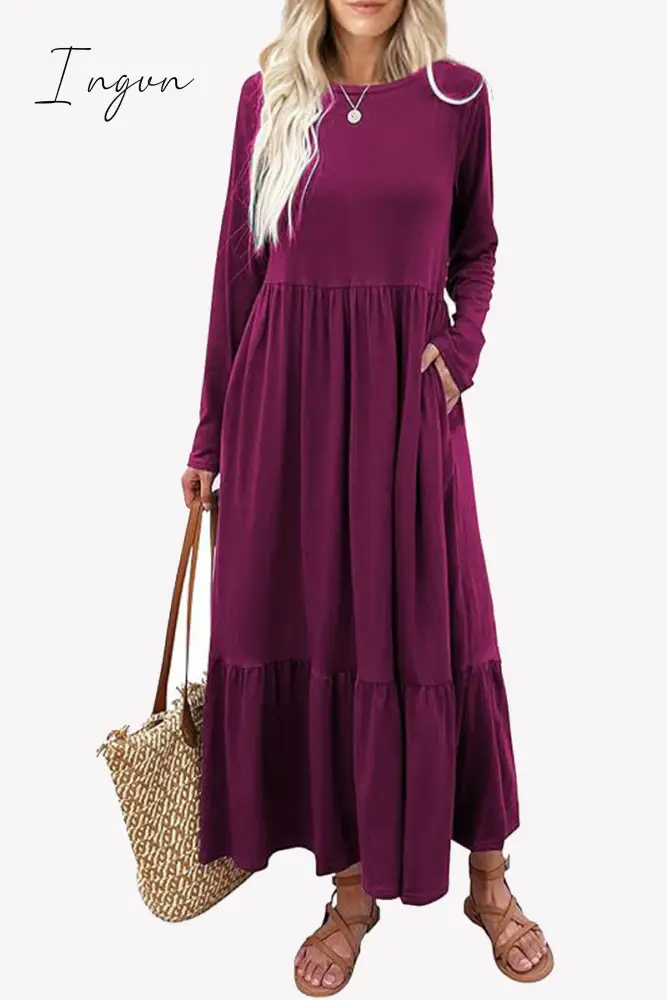 Ingvn - Casual Solid Patchwork Pocket O Neck A Line Dresses