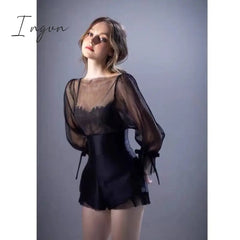 Ingvn - Black French Retro Top Women Summer Women Long Sleeve Mesh Shirt Sexy Slimming Blusas De Mujer Lace Sling Shorts Elegant Set
