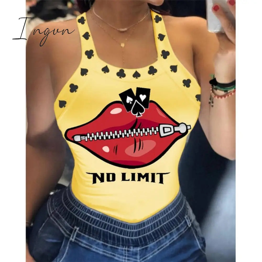 Ingvn - Tank Tops Women U Neck Letter Print Lips Vest Summer Ladies Harajuku Shirts Slim Fit Polyester Sleeveless Top Tshirts