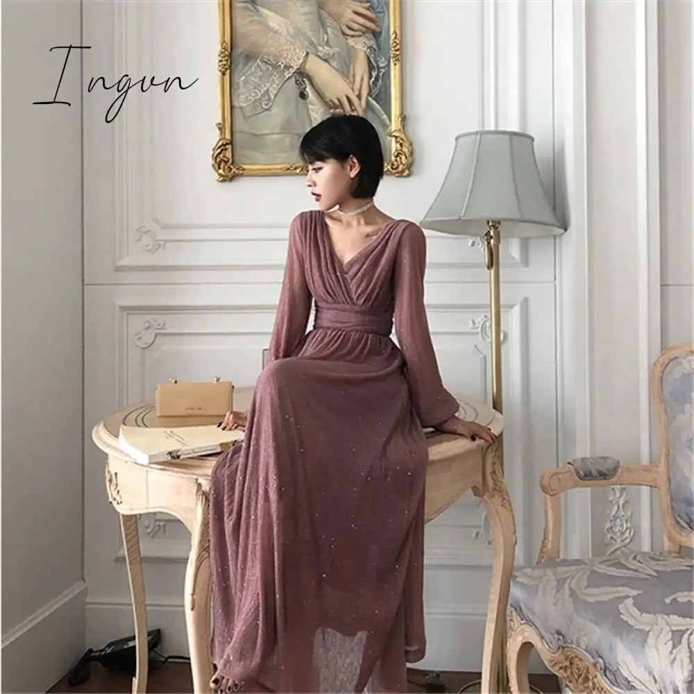 Ingvn - Vintage Glitter Long Maxi Dress Women Spring High Waist Long Sleeve Elegant Boho Dress Shiny Party Dress Plus Size Sexy
