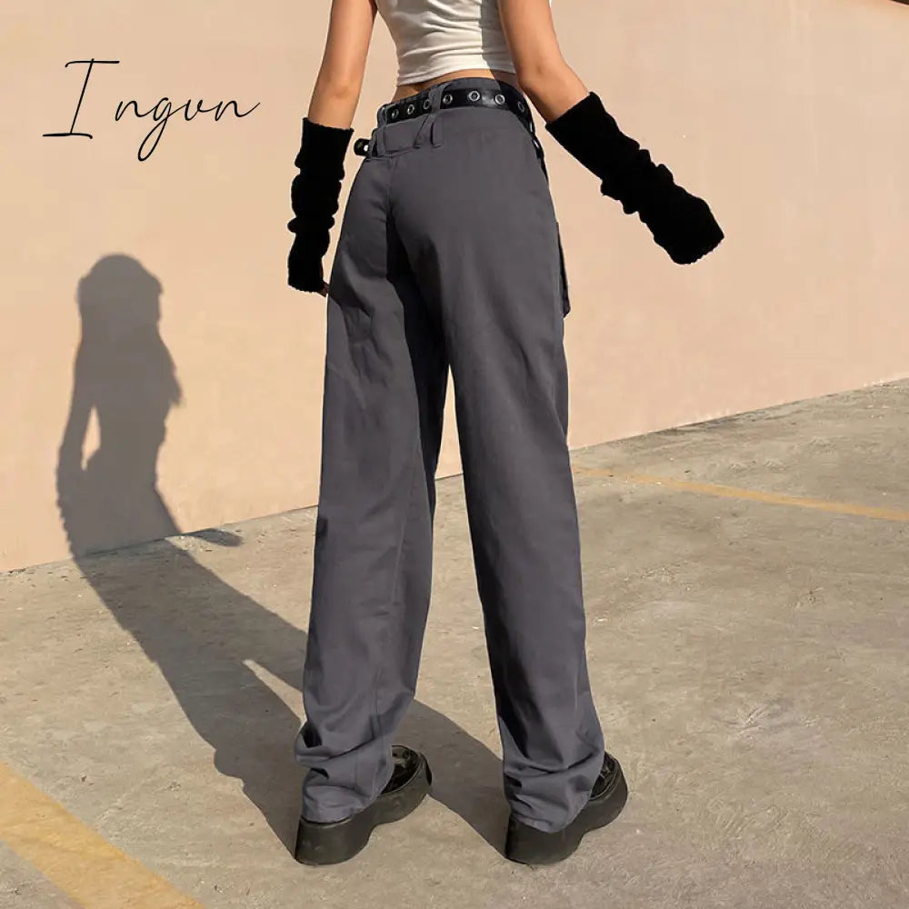 Ingvn - Vintage Streetwear Cargo Pants Women Harajuku Street Loose Straight Women Jeans Casual Slim Versatile High Waisted Jeans Pants